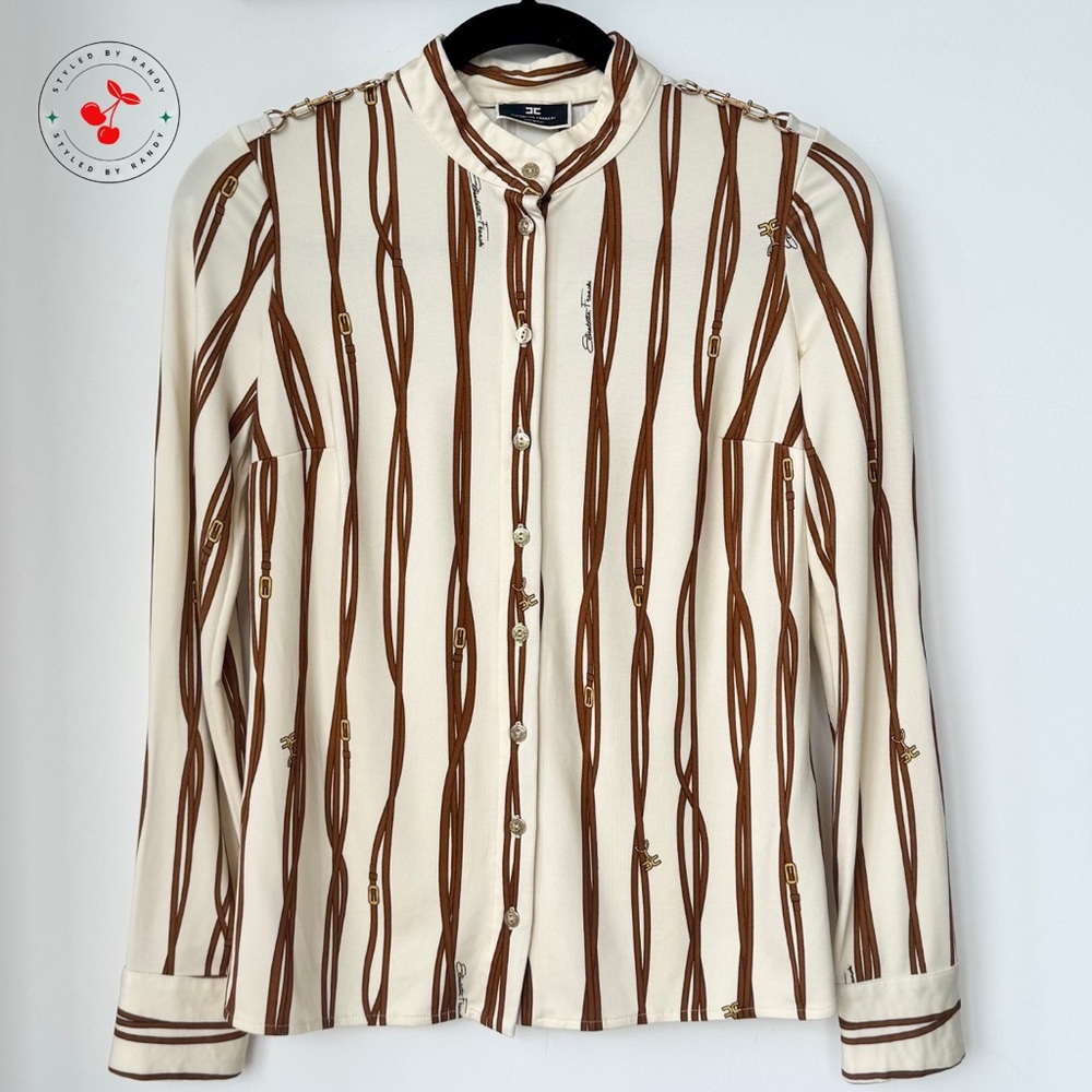 Elisabetta Franchi Button-Up Shirt with Belt Logo Print in Cream